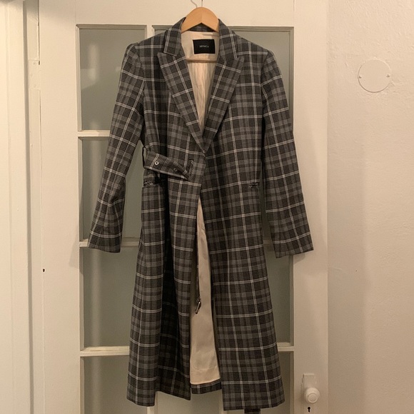 Mo&co designer long gray plaid trench coat blazer belt waist - medium - Picture 2 of 11